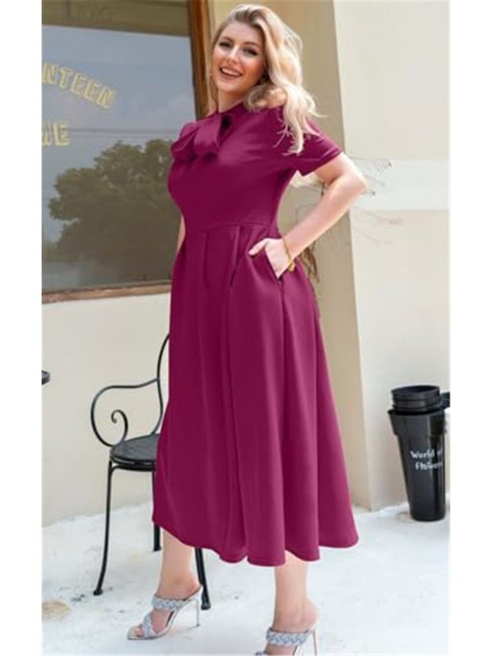 Women's Elegant Casual Short Sleeve A-Line Dress with Pockets - Picture 4 of 5